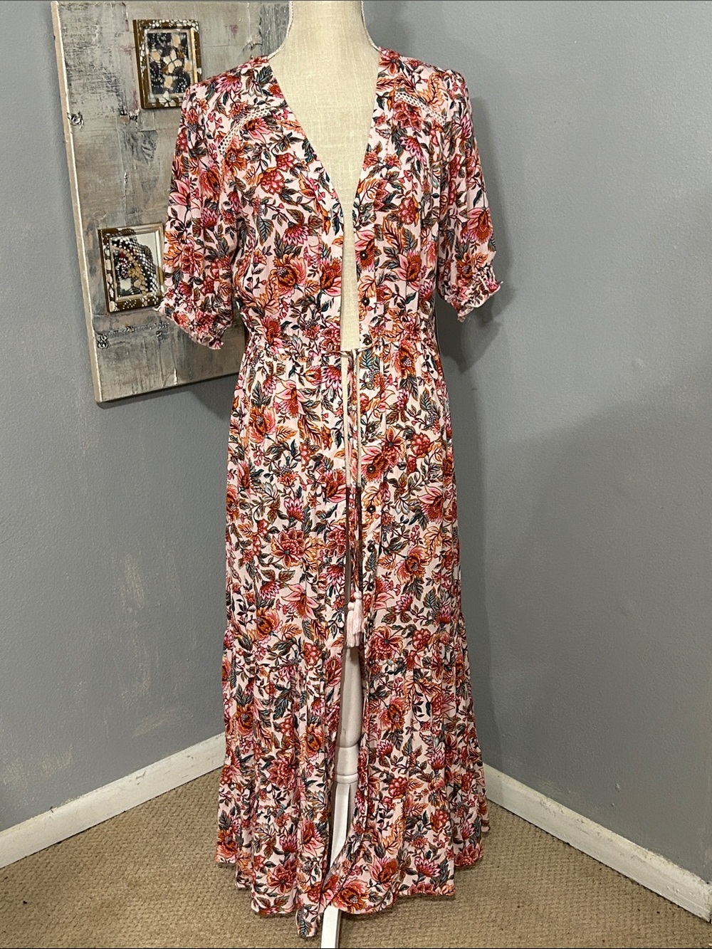 Pink Floral Button-Front Maxi Dress with Tie Waist
